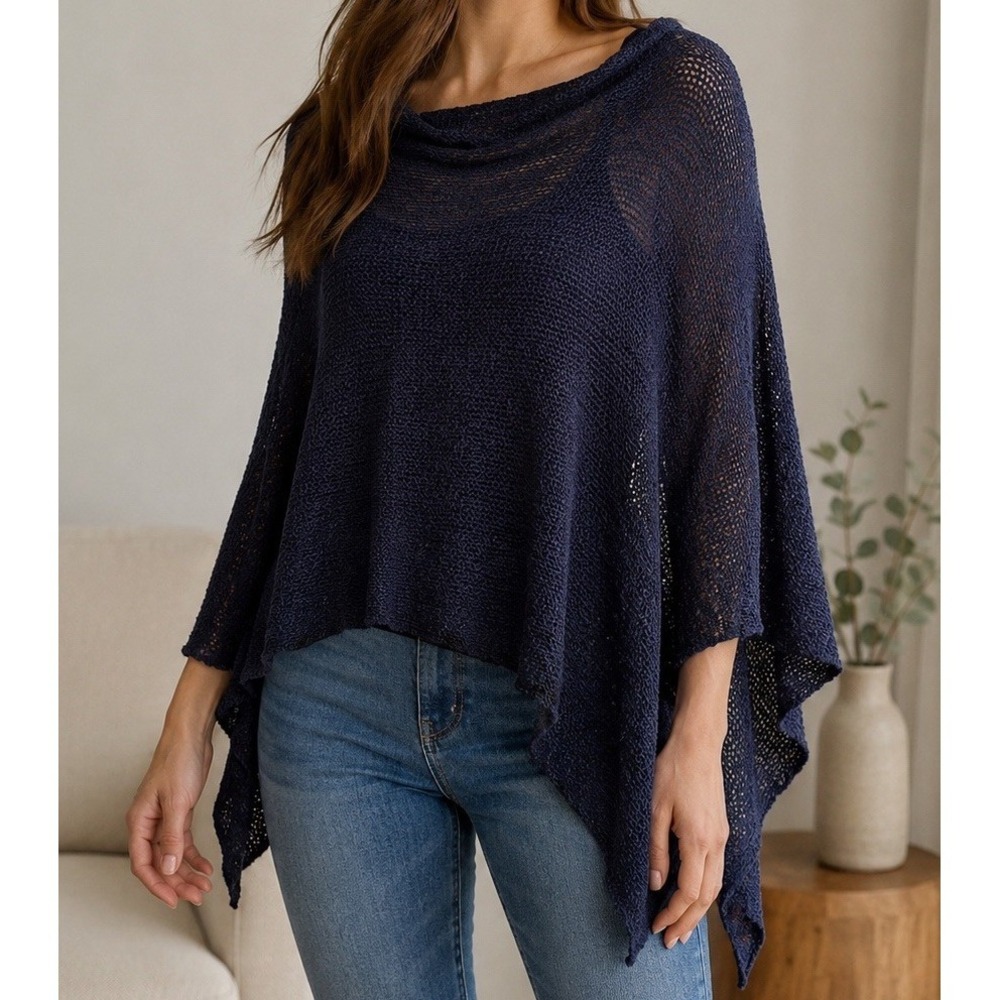 NWT Charlie Navy Open Knit Shawl Poncho Wrap One Size